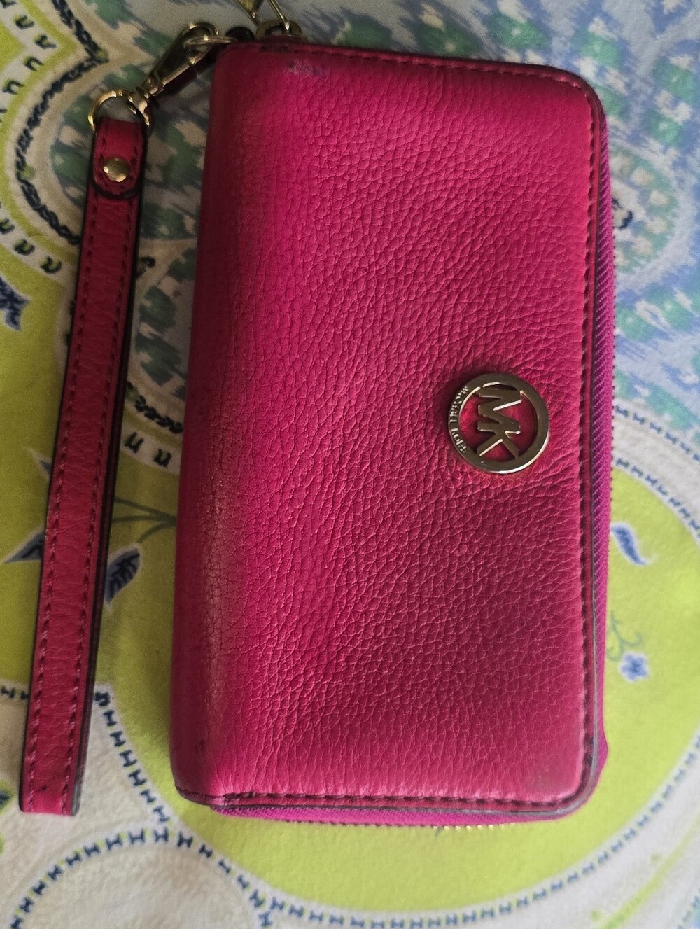 Michael Kors Hot Pink Zip-Around Wristlet Wallet with Gold Logo Pebbled Leather
